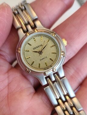 Long Band Geneva Two-Tone Gold and Silver Ladies Bracelet Watch